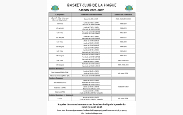 Horaires d'entrainements saison 2026 - 2027