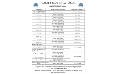 Horaires d'entrainements saison 2025-2026