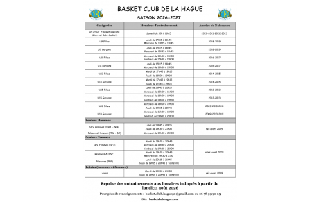 Horaires d'entrainements saison 2026 - 2027